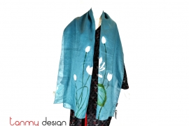Blue ramie scarf hand-painted with lotus 